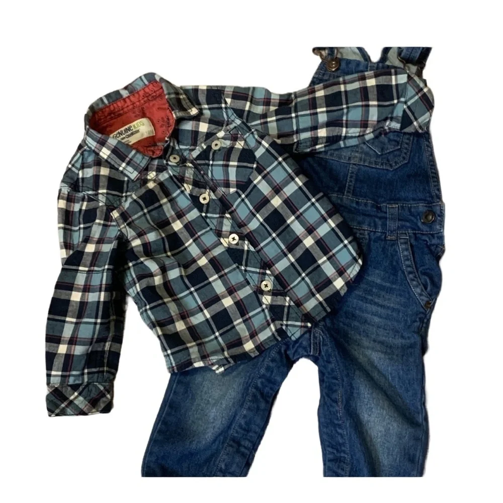 💙 Vintage 18M Denim Overalls & Plaid Shirt Set – Retro Baby Outfit 💙